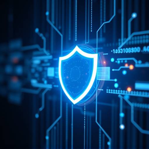 Imagen abstracta de datos protegidos por un escudo, simbolizando la protección de la información