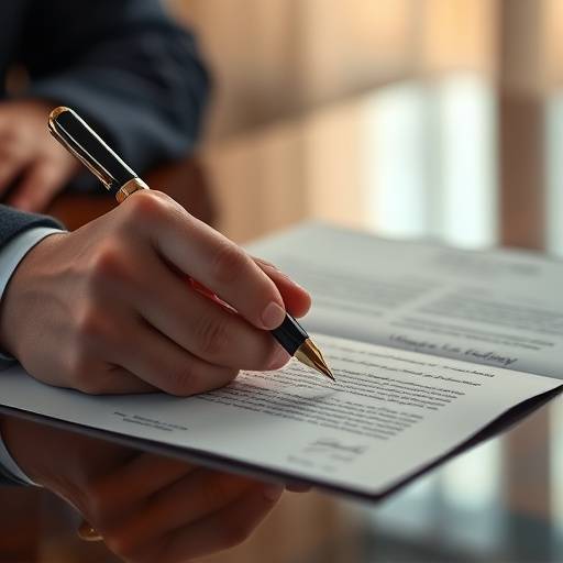 Imagen que representa un contrato o documento legal con una pluma estilográfica, simbolizando los términos y condiciones.