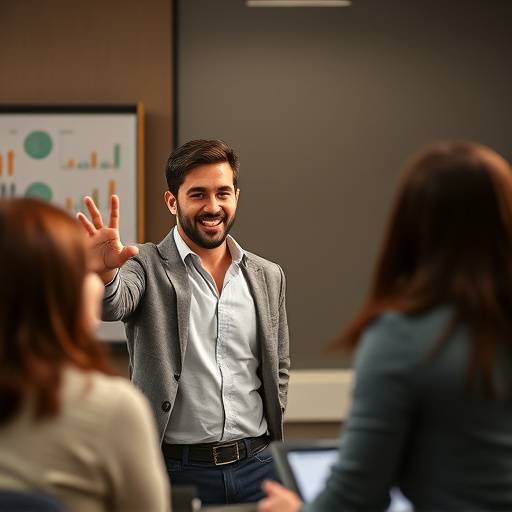 Un líder inspirando a su equipo durante una presentación con entusiasmo y pasión.